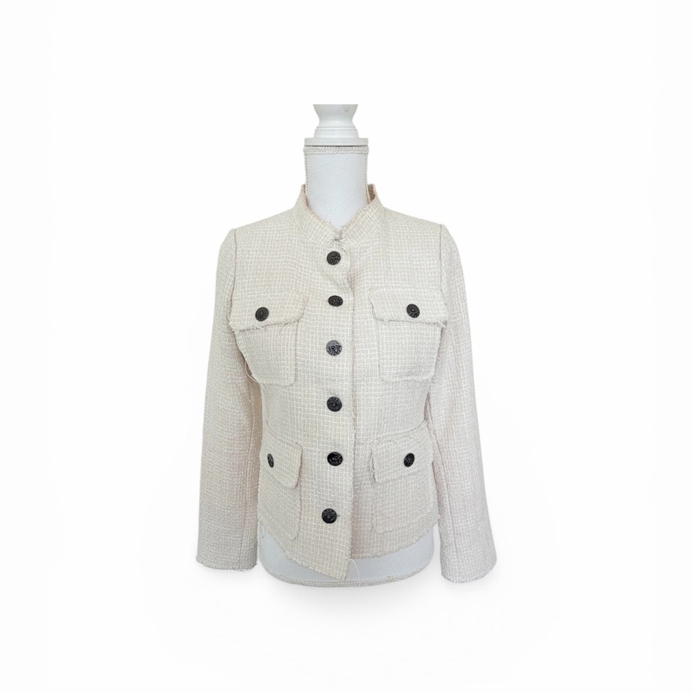 Willow & Clay Cropped Tweed Blazer Cream/Off-White Fringe Detail Size S